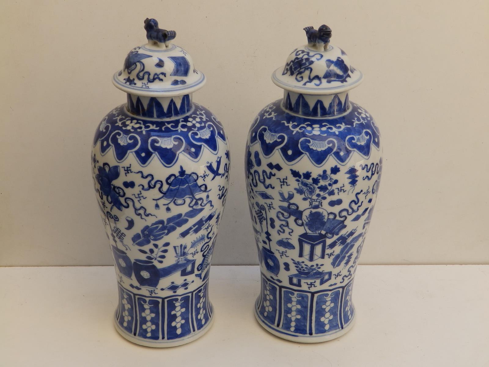 A pair of Chinese blue & white porcelain covered vases, lion finials to lids, the baluster bodies - Image 2 of 11