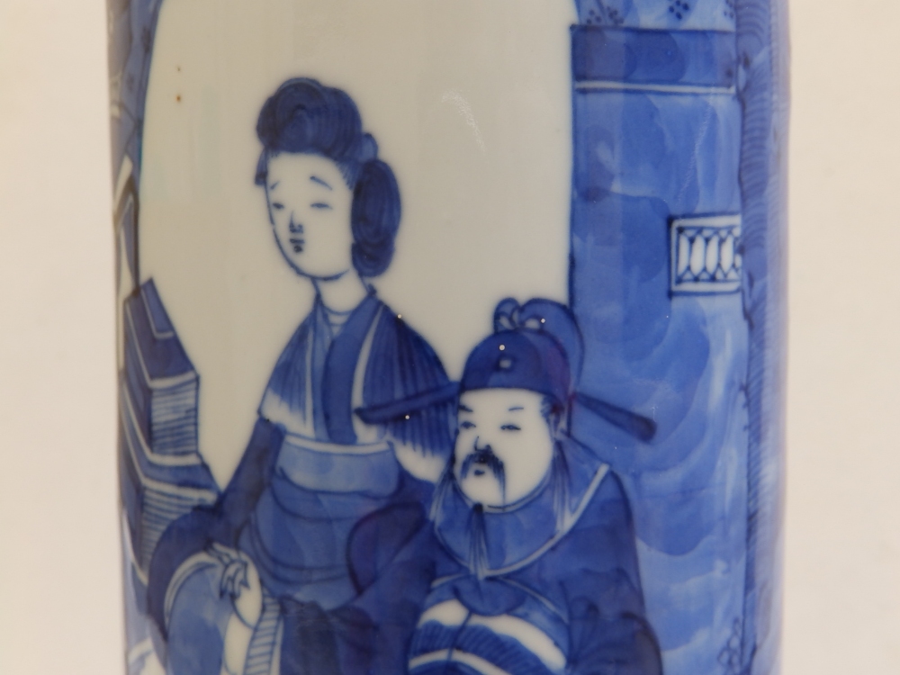 A Chinese blue & white porcelain cylinder vase with flared rim, decorated with a continuous scene - Image 6 of 11