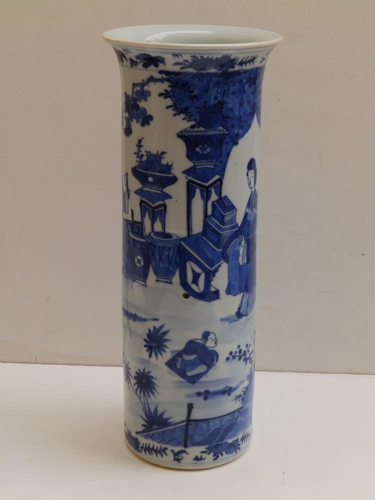 A Chinese blue & white porcelain cylinder vase with flared rim, decorated with a continuous scene