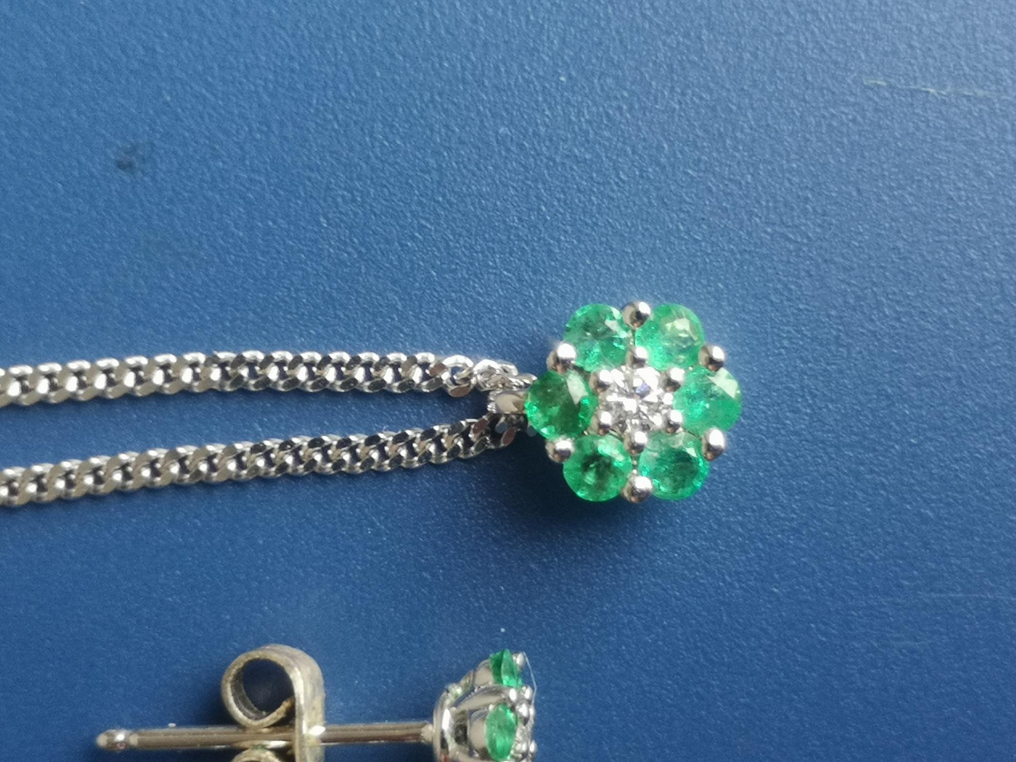 A small emerald & diamond 9ct white gold cluster pendant on chain and a matching pair of - Image 2 of 4