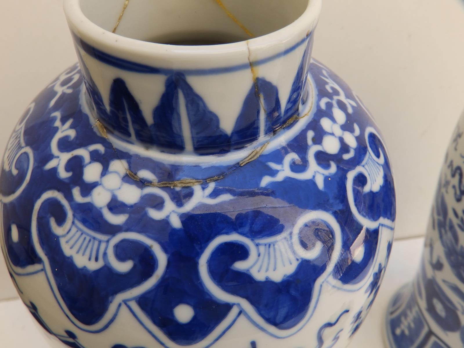 A pair of Chinese blue & white porcelain covered vases, lion finials to lids, the baluster bodies - Image 6 of 11