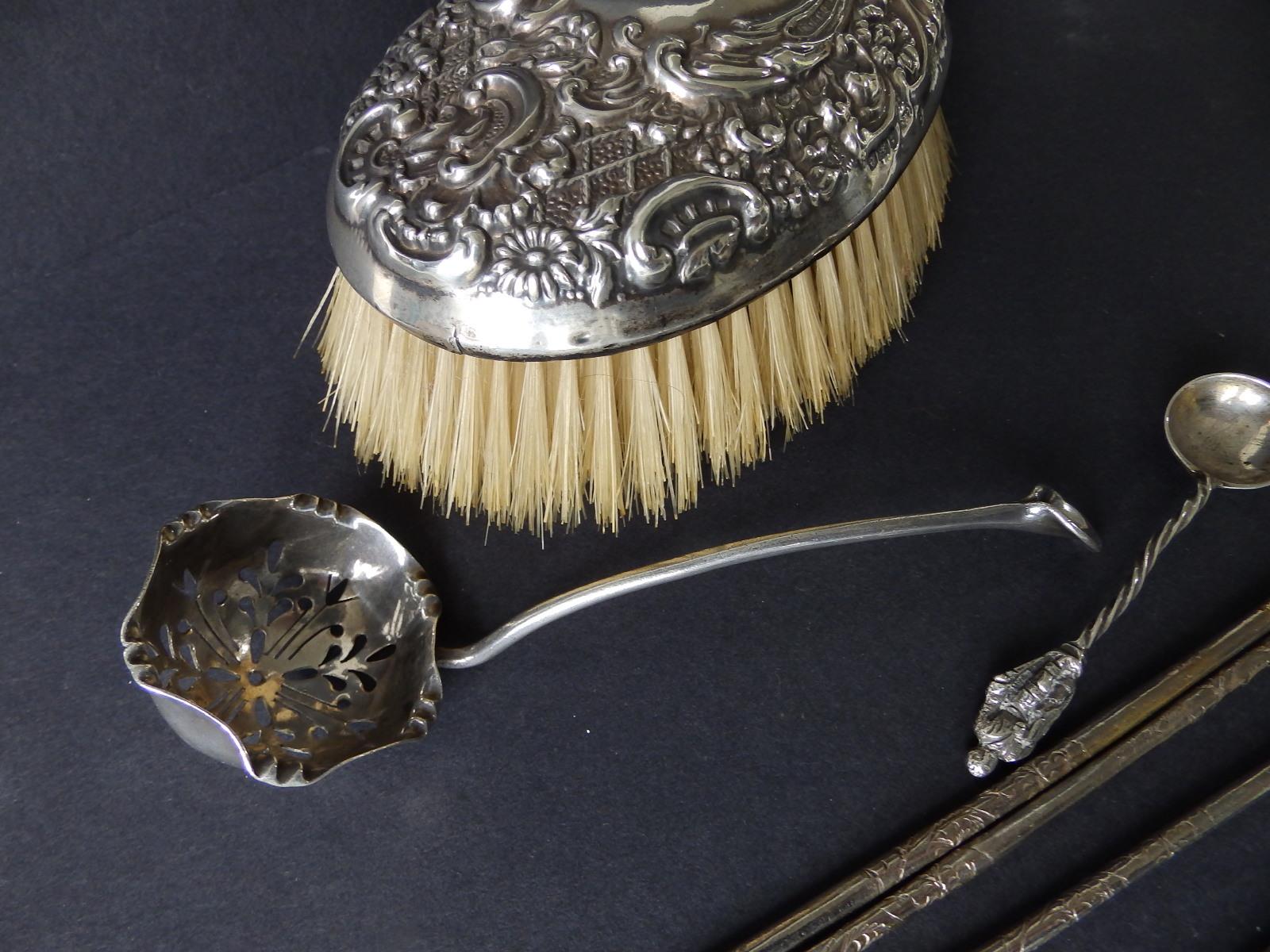 A Birmingham silver embossed hair brush, a Dixon & Sons silver sugar sifter and seven other - Image 2 of 2