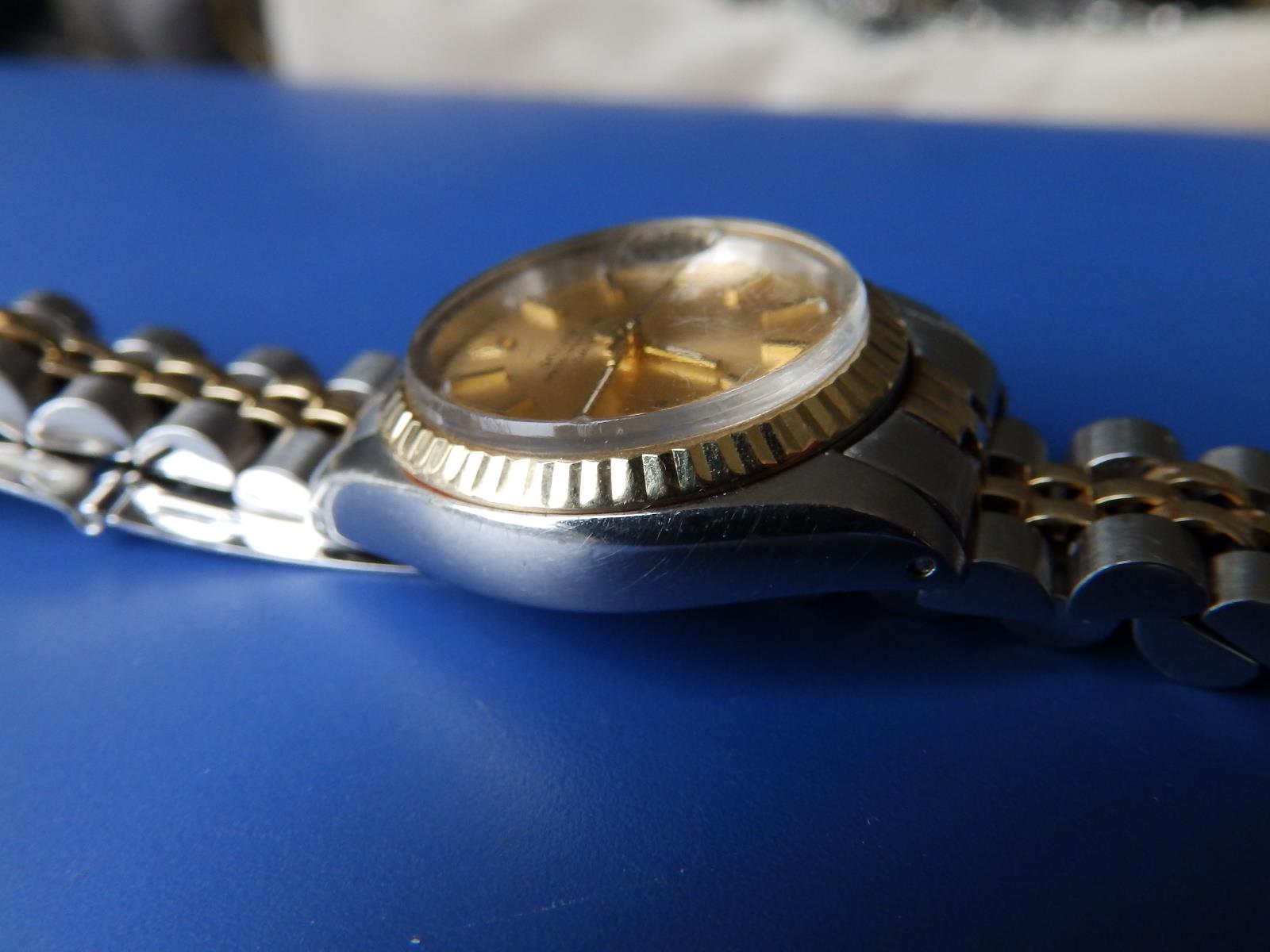 A ladies stainless steel and gold Rolex Oyster Perpetual Date bracelet wrist watch with gold dial, - Image 7 of 7