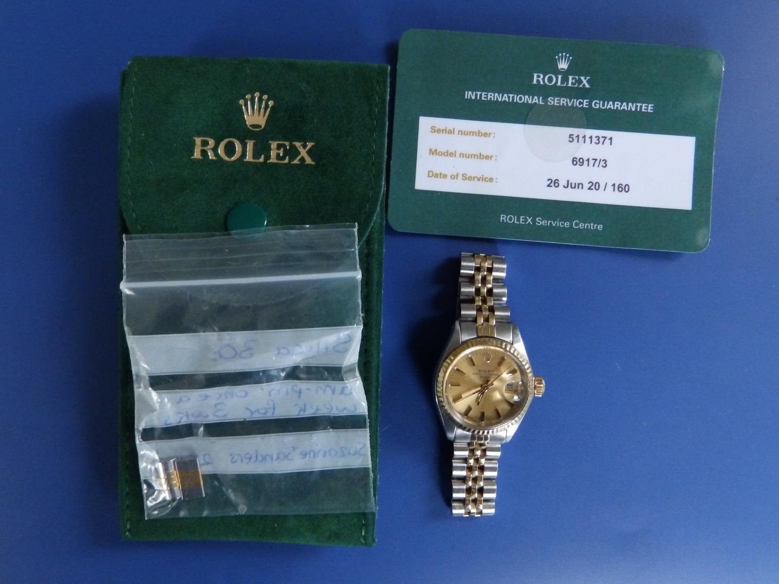 A ladies stainless steel and gold Rolex Oyster Perpetual Date bracelet wrist watch with gold dial, - Image 2 of 7