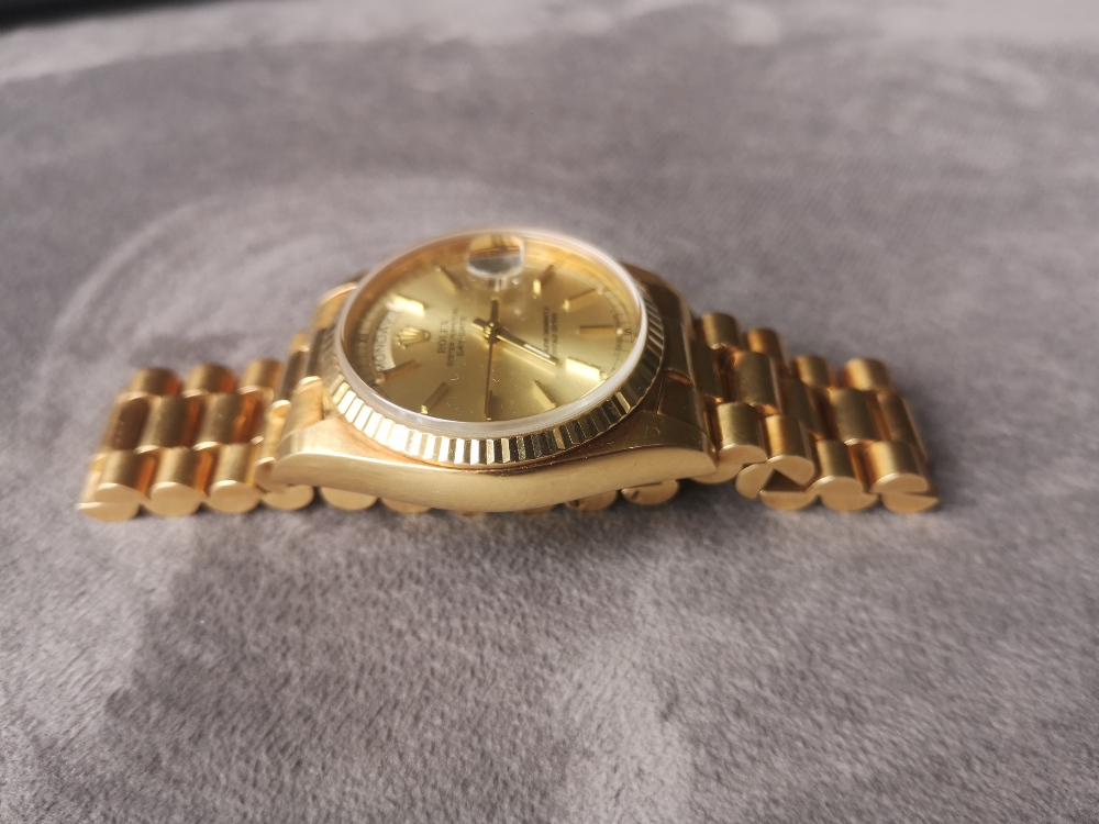 A boxed 1970's gent's 18ct gold Rolex Oyster Day/Date wrist watch on President bracelet with gold - Image 3 of 10