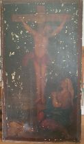 A large oil on panel - Crucifixion scene - unframed, 64" x 36" - a/f.