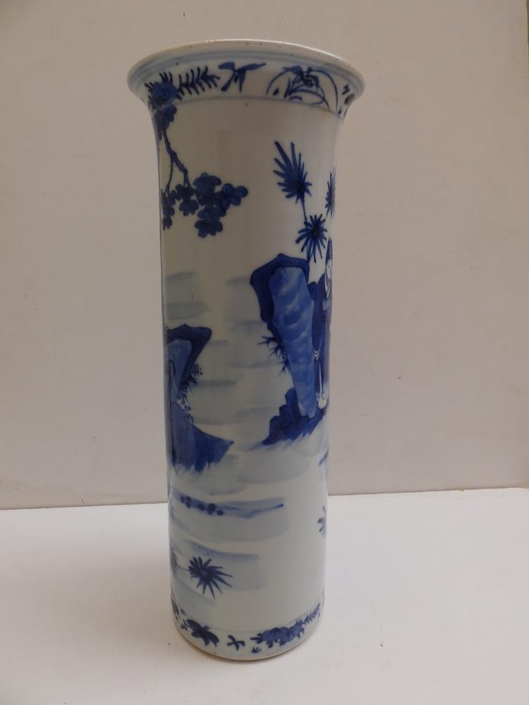 A Chinese blue & white porcelain cylinder vase with flared rim, decorated with a continuous scene - Image 2 of 11