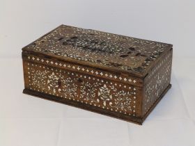 A 19thC Indo-Portuguese bone-inlaid casket, 12" across - a/f