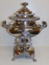 An Old Sheffield Plate tea urn, circa 1840, 18.5" high - one foot repaired.