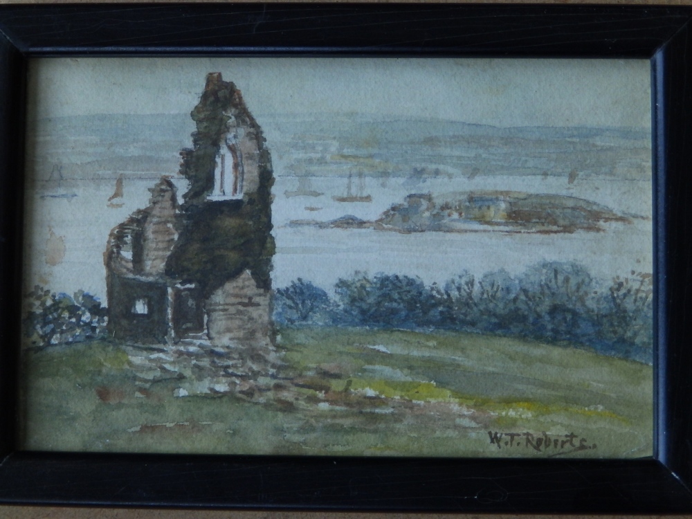 W T Roberts - a small watercolour - Mount Edgcumbe Folly with a view over Plymouth Sound to Drake'
