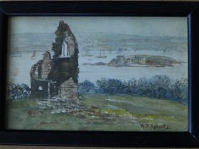 W T Roberts - a small watercolour - Mount Edgcumbe Folly with a view over Plymouth Sound to Drake'