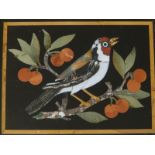 A small pietra dura panel depicting a bird perched on a branch of orange berries, 6.5" x 9". In