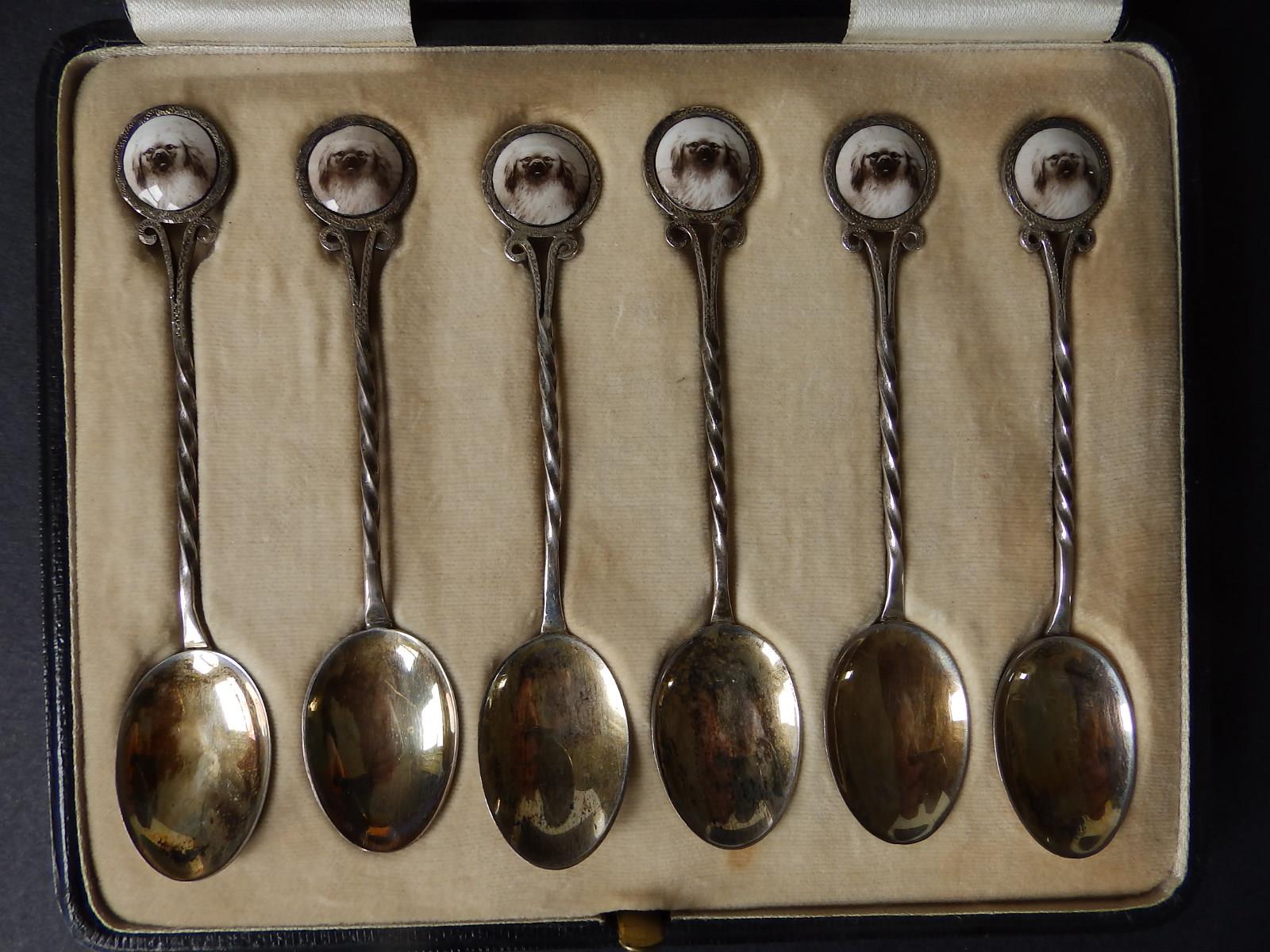 A cased set of six silver teaspoons, the handles inset with a colour printed cabochon portrait of - Image 2 of 5