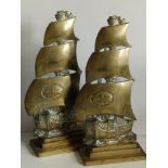 A pair of tall brass galleon doorstops on stepped rectangular bases - 'Made in England', 21"