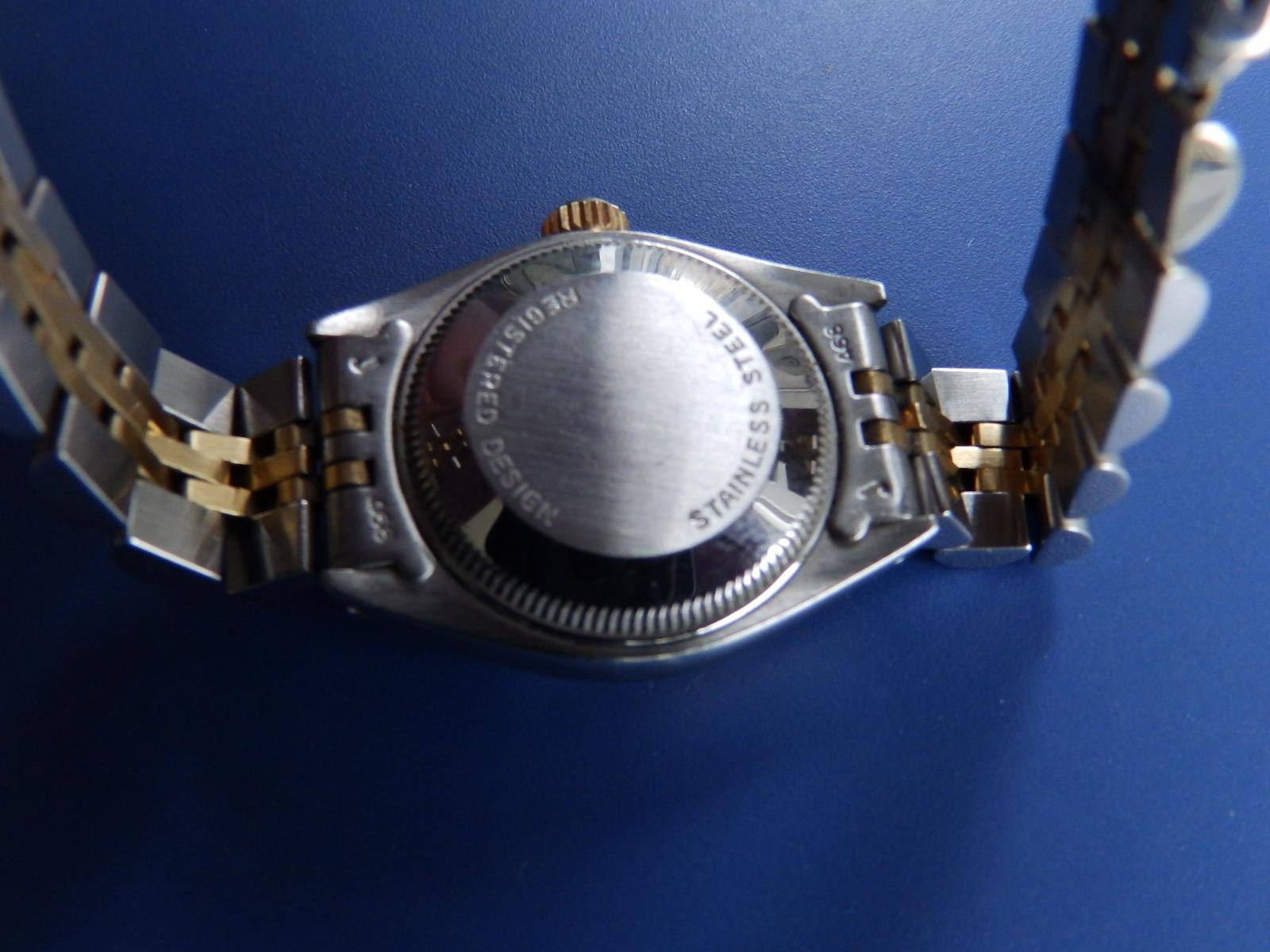 A ladies stainless steel and gold Rolex Oyster Perpetual Date bracelet wrist watch with gold dial, - Image 4 of 7