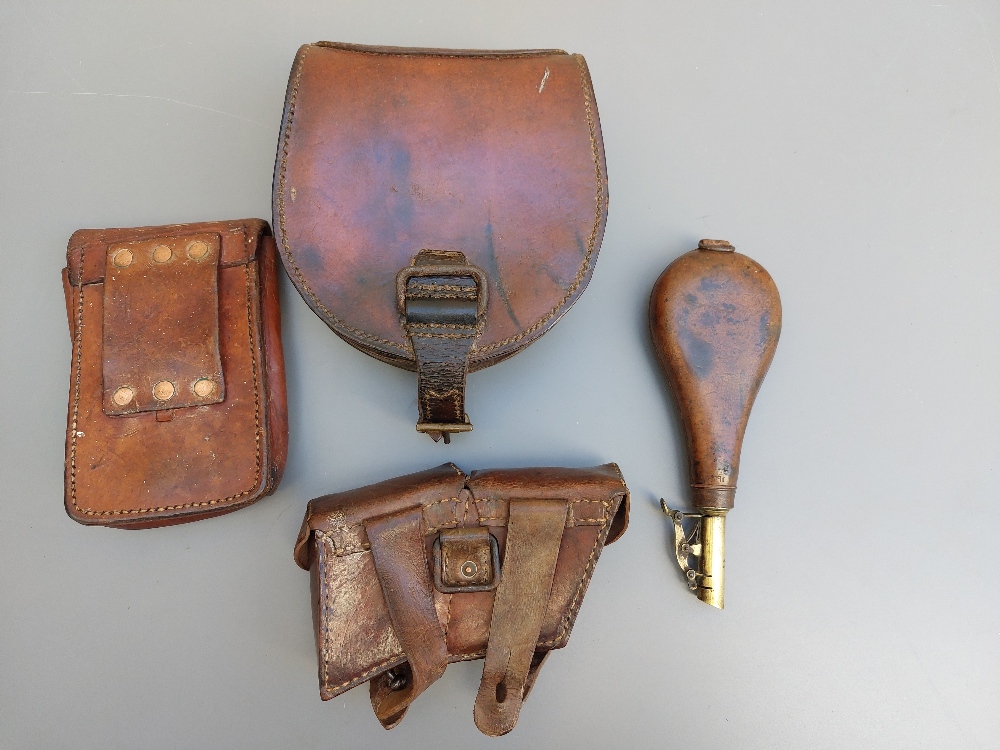 Three leather military pouches together with a horse shoe pouch dated 1943 and a shot flask with - Image 2 of 2