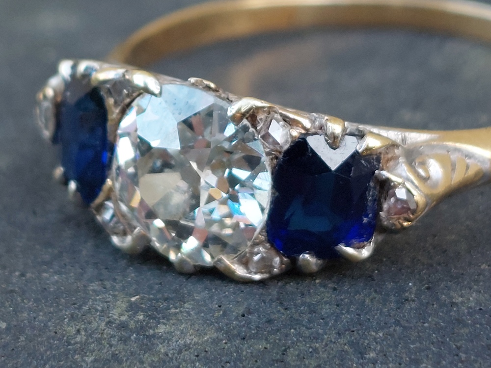 A three stone old cut diamond & sapphire ring, the claw set centre diamond weighing approximately - Image 3 of 4