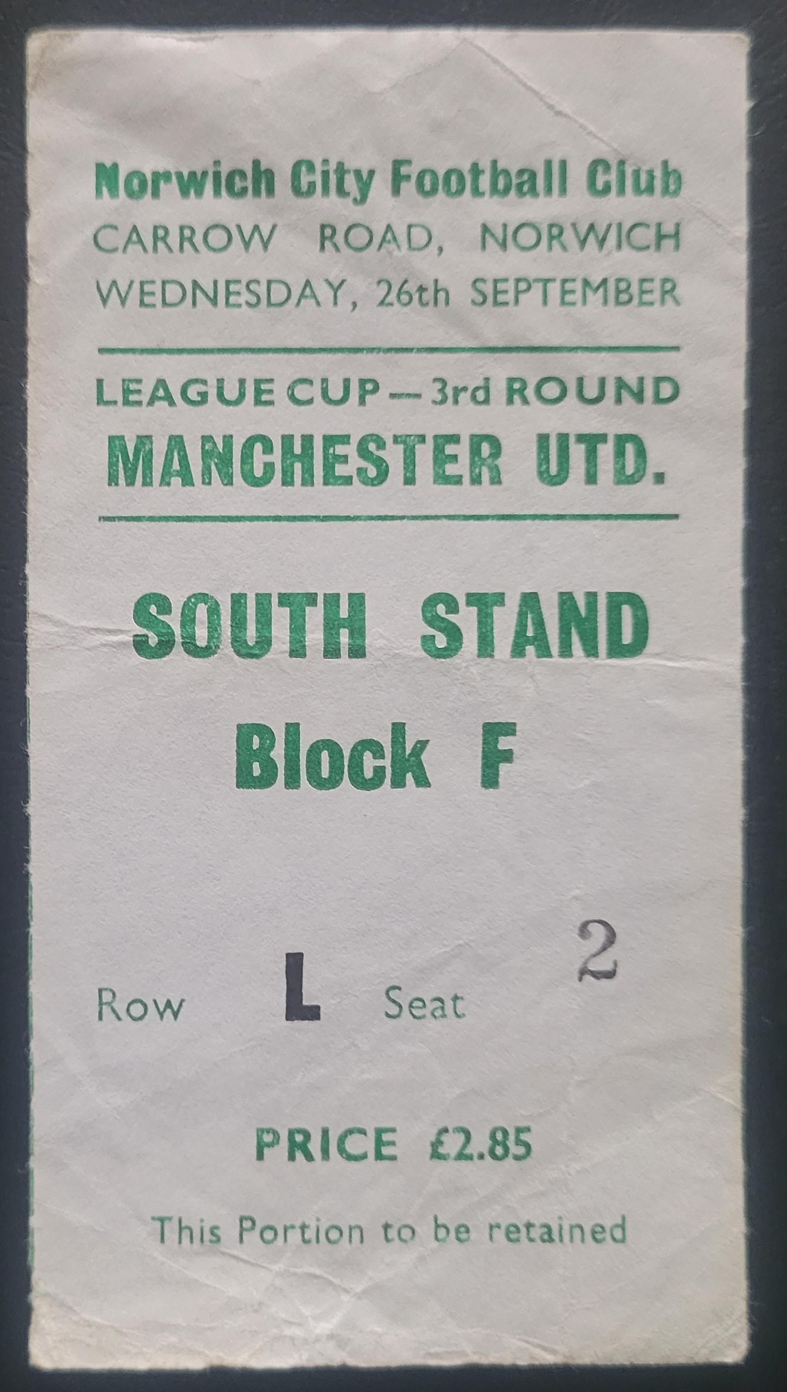 1979-80 NORWICH CITY V MANCHESTER UNITED LEAGUE CUP TICKET