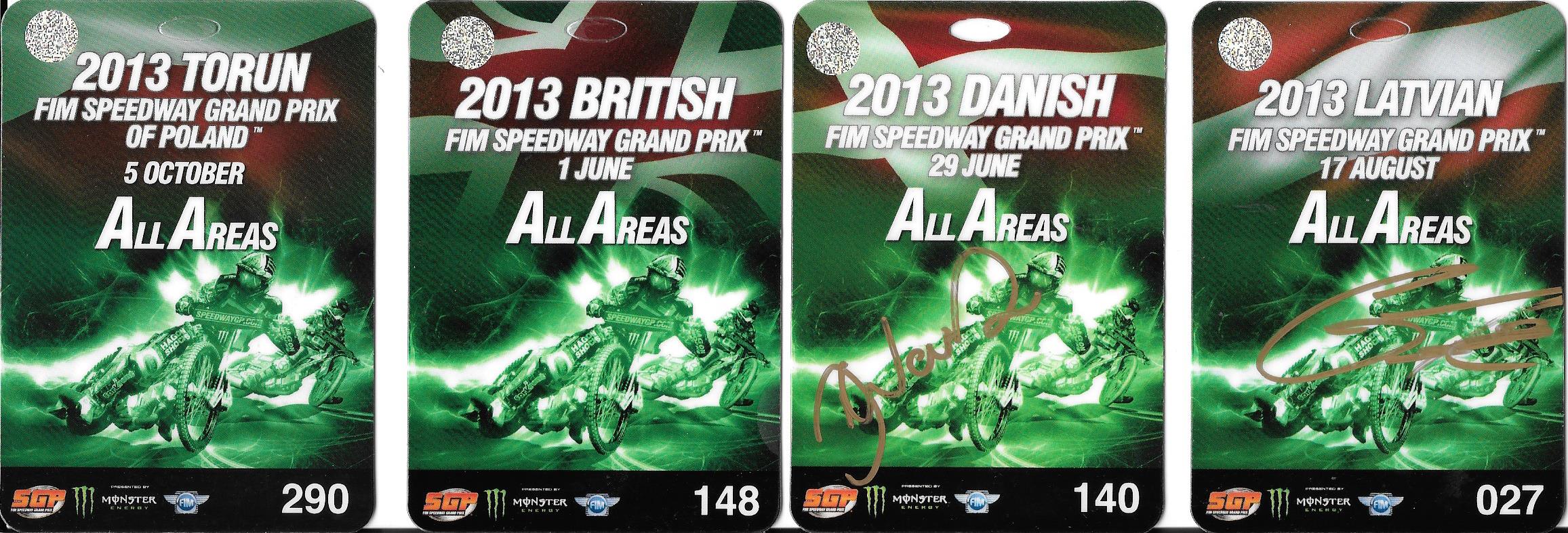 SPEEDWAY 2013 GRAND PRIX PASSES X 11 ALL DIFFERENT VENUES, 2 OF WHICH ARE AUTOGRAPHED