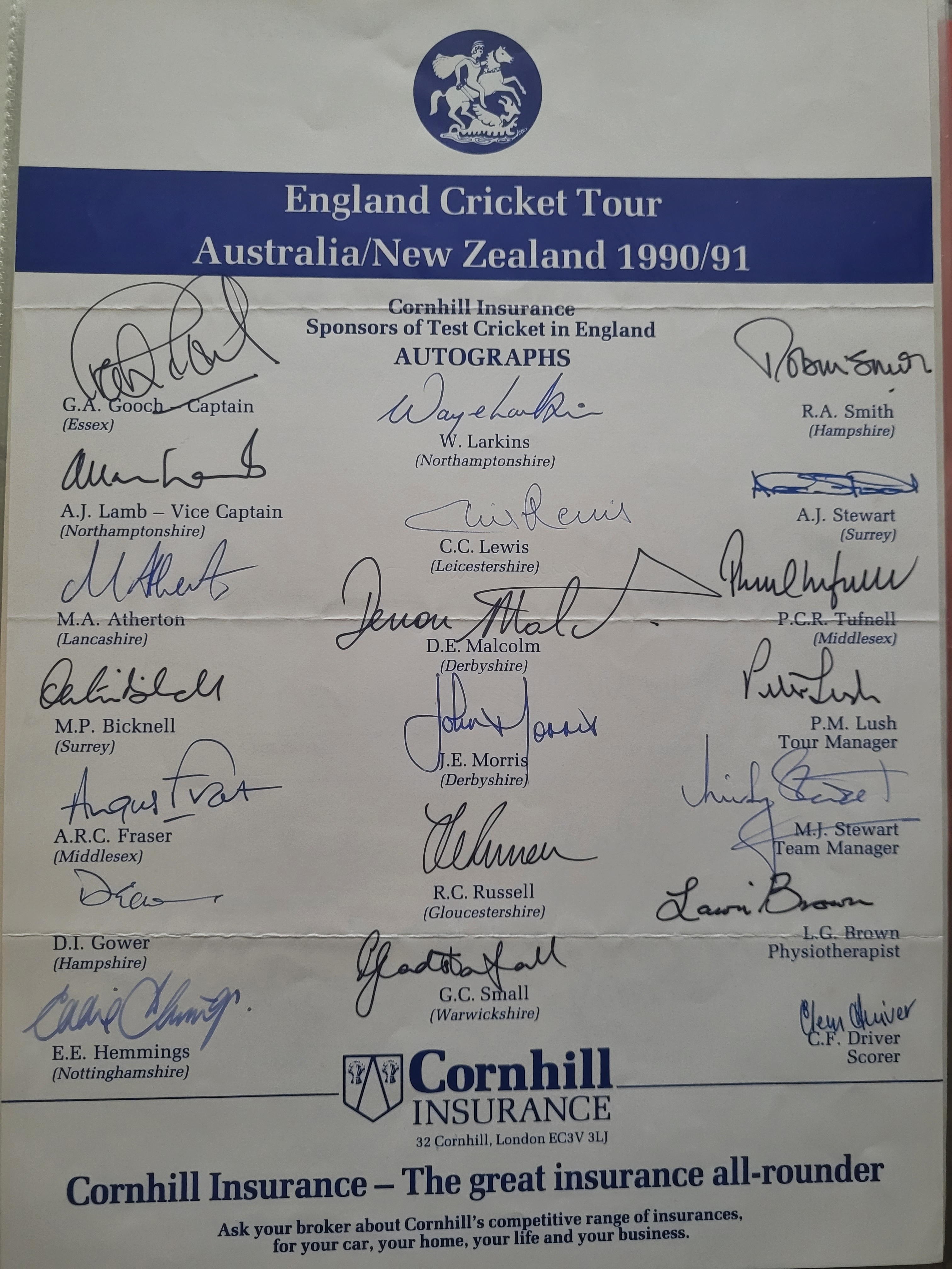 CRICKET 1990-91 ENGLAND TOUR TO AUSTRALIA & NEW ZEALAND OFFICIAL AUTOGRAPH SHEET