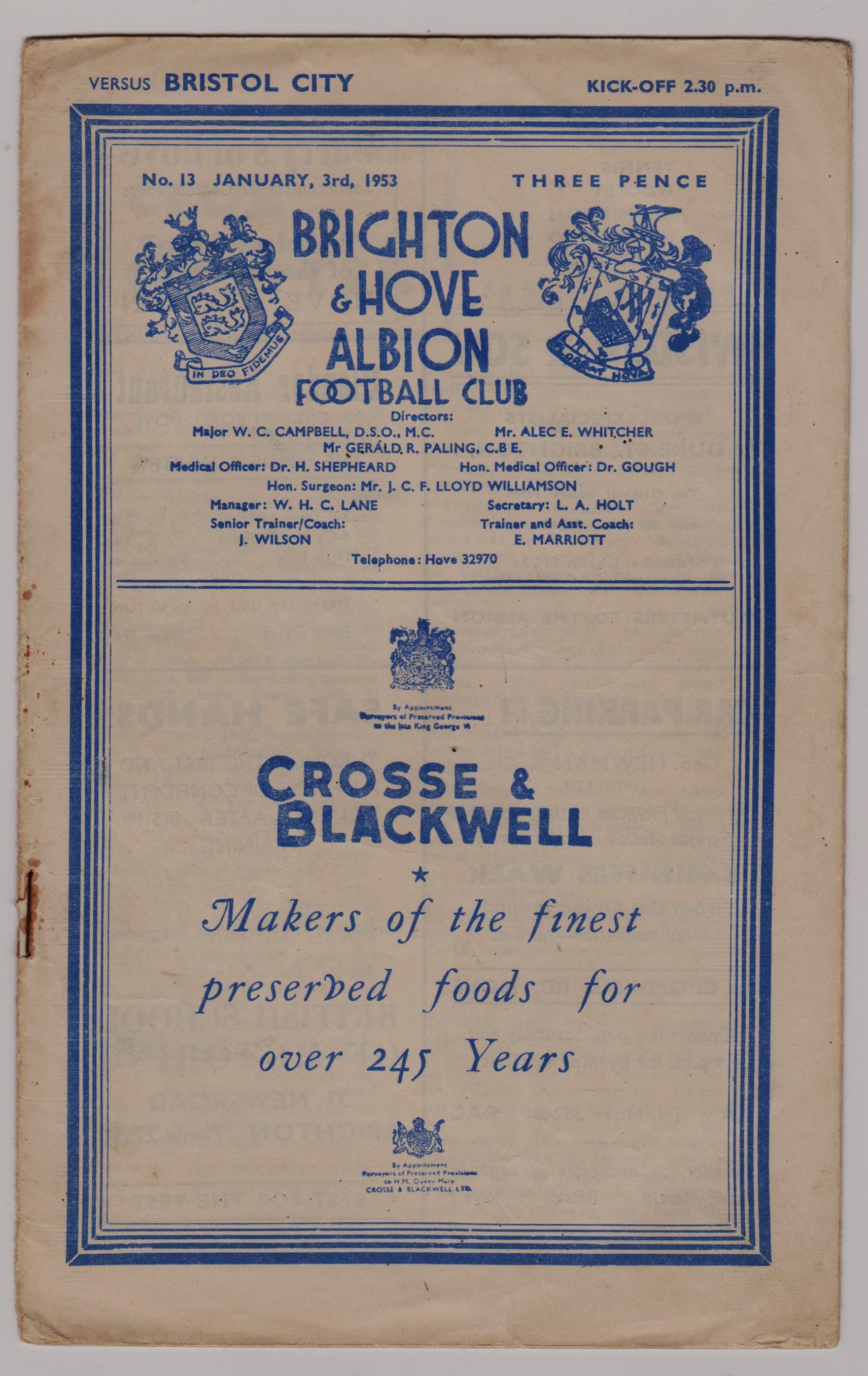 1952/53 BRIGHTON & HOVE ALBION V BRISTOL CITY