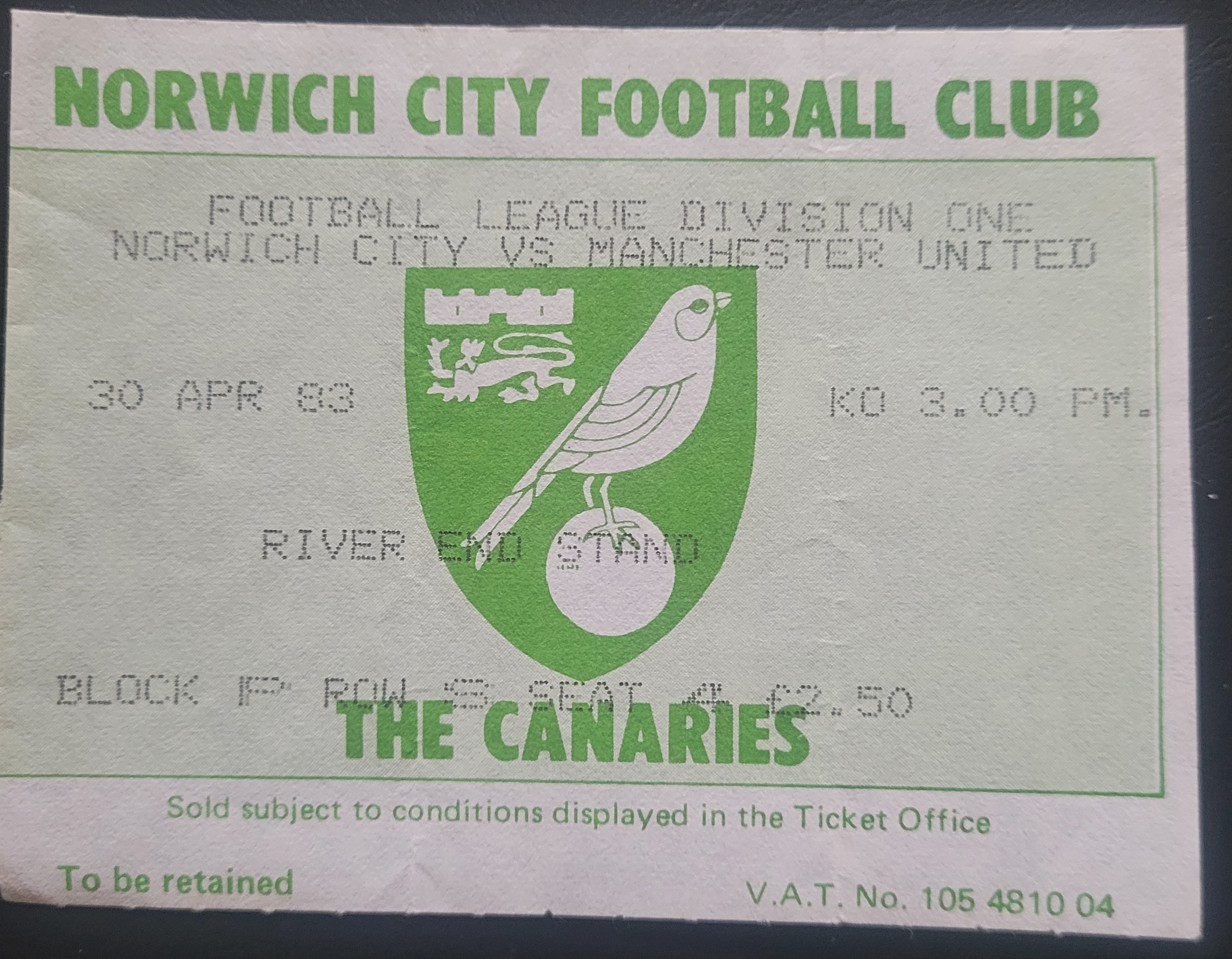 1982-83 NORWICH CITY V MANCHESTER UNITED TICKET