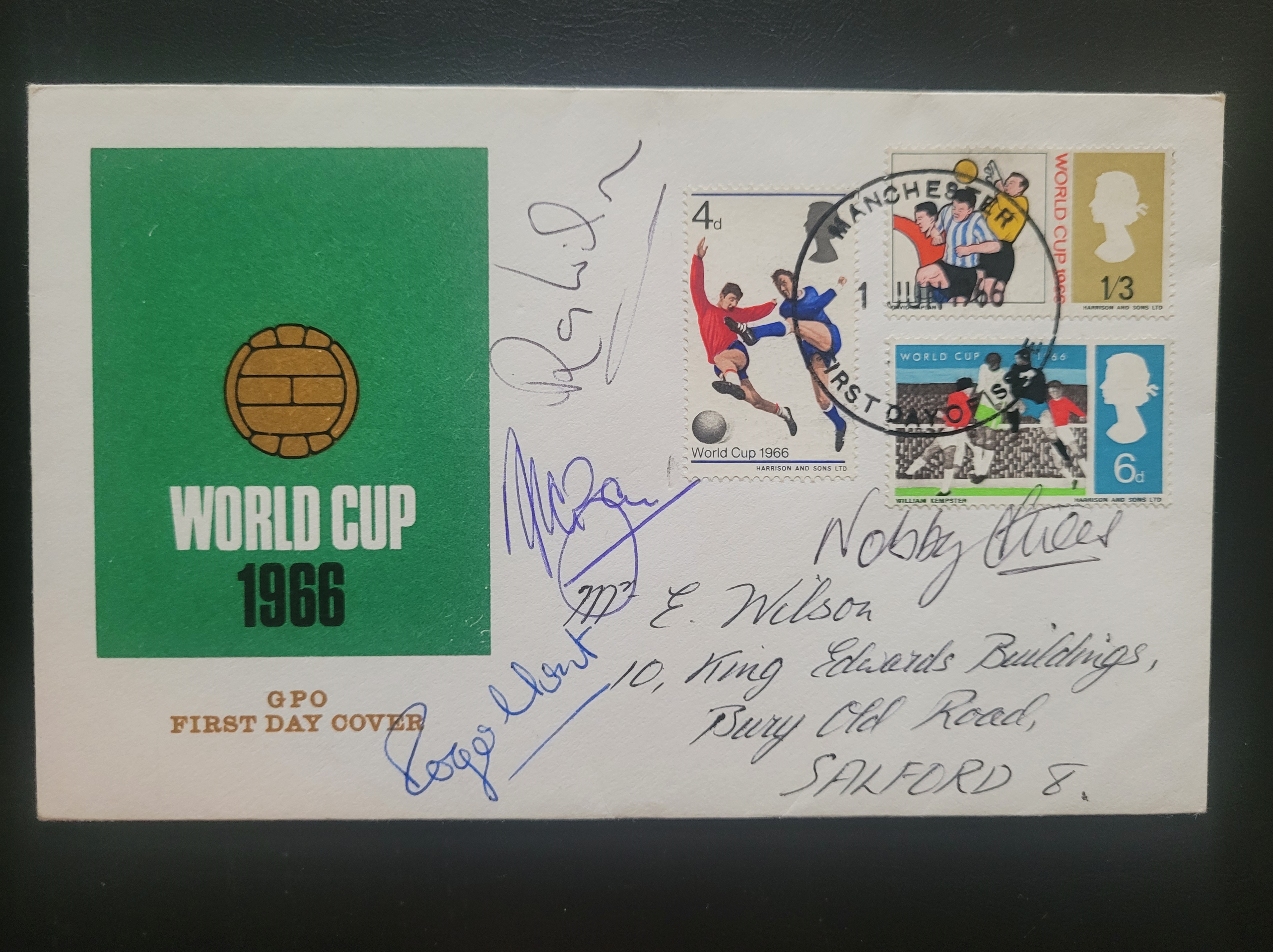 1966 WORLD CUP 1ST DAY COVER AUTOGRAPHED BY RAY WILSON, ALAN BALL, ROGER HUNT & NOBBY STILES