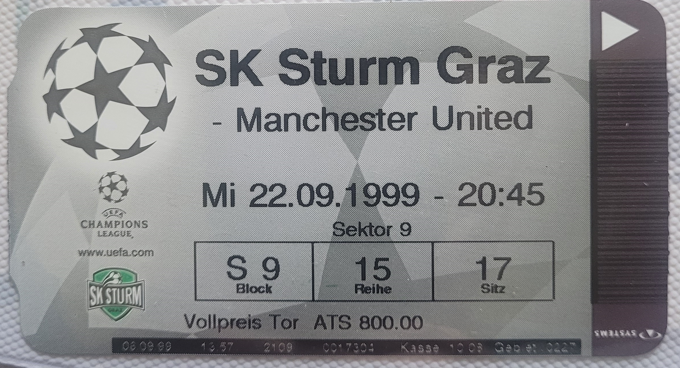 1999-2000 STURM GRAZ V MANCHESTER UNITED CHAMPIONS LEAGUE TICKET