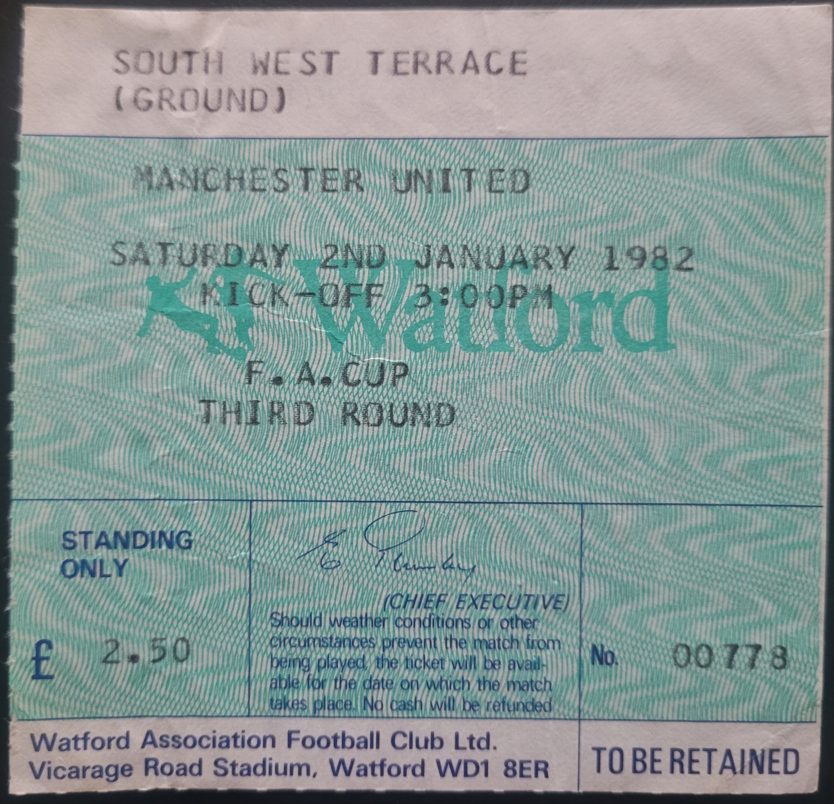 1981-82 WATFORD V MANCHESTER UNITED FA CUP 3RD ROUND TICKET