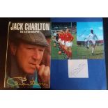 LEEDS UNITED & ENGLAND JACK CHARLTON AUTOGRAPH, BOOK & TWO QUALITY REPRINTED PHOTO'S