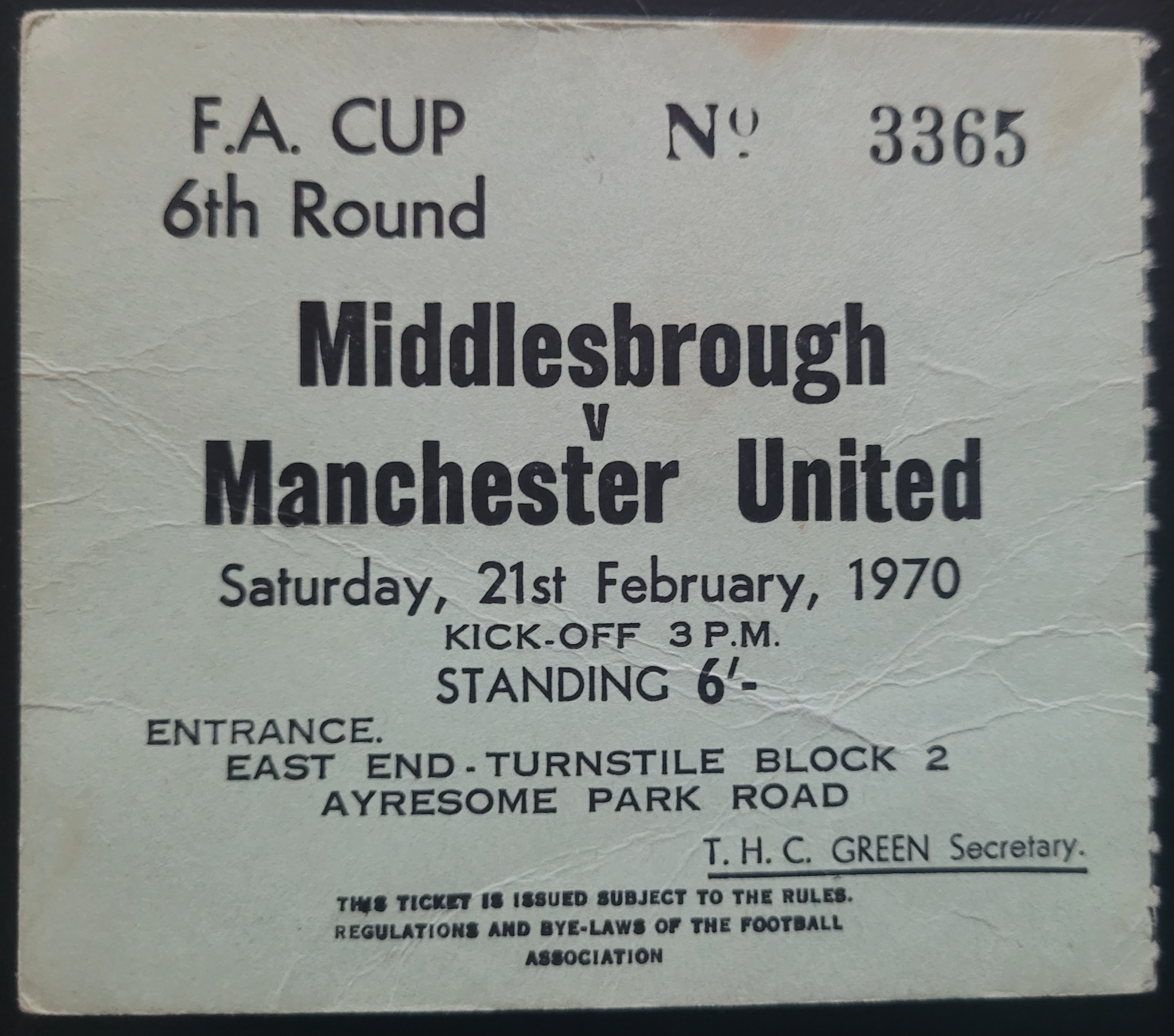 1969-70 MIDDLESBROUGH V MANCHESTER UNITED FA CUP 6TH ROUND TICKET