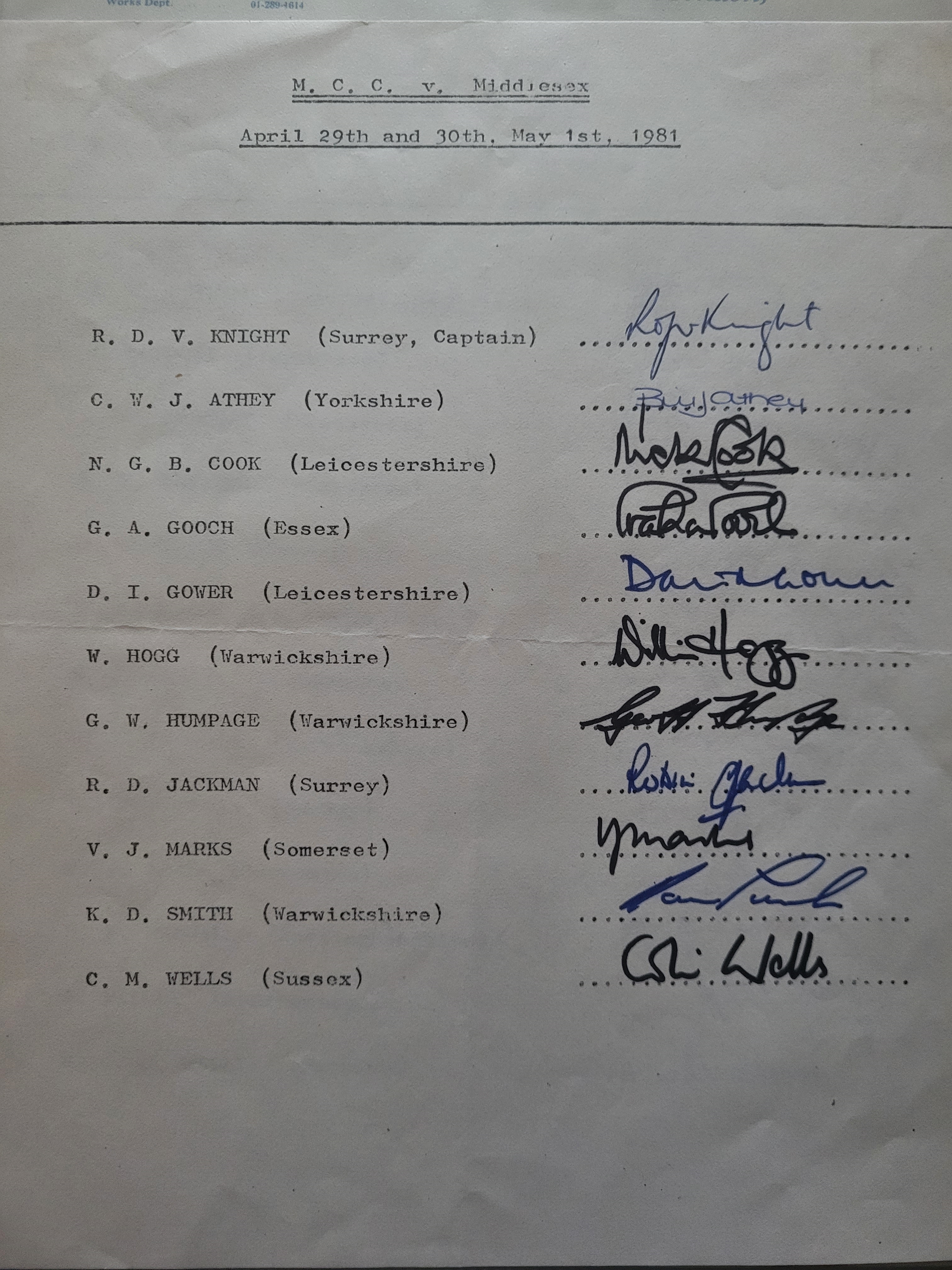 CRICKET 1981 M C C V MIDDLESEX OFFICIAL AUTOGRAPH SHEET OF THE M C C TEAM