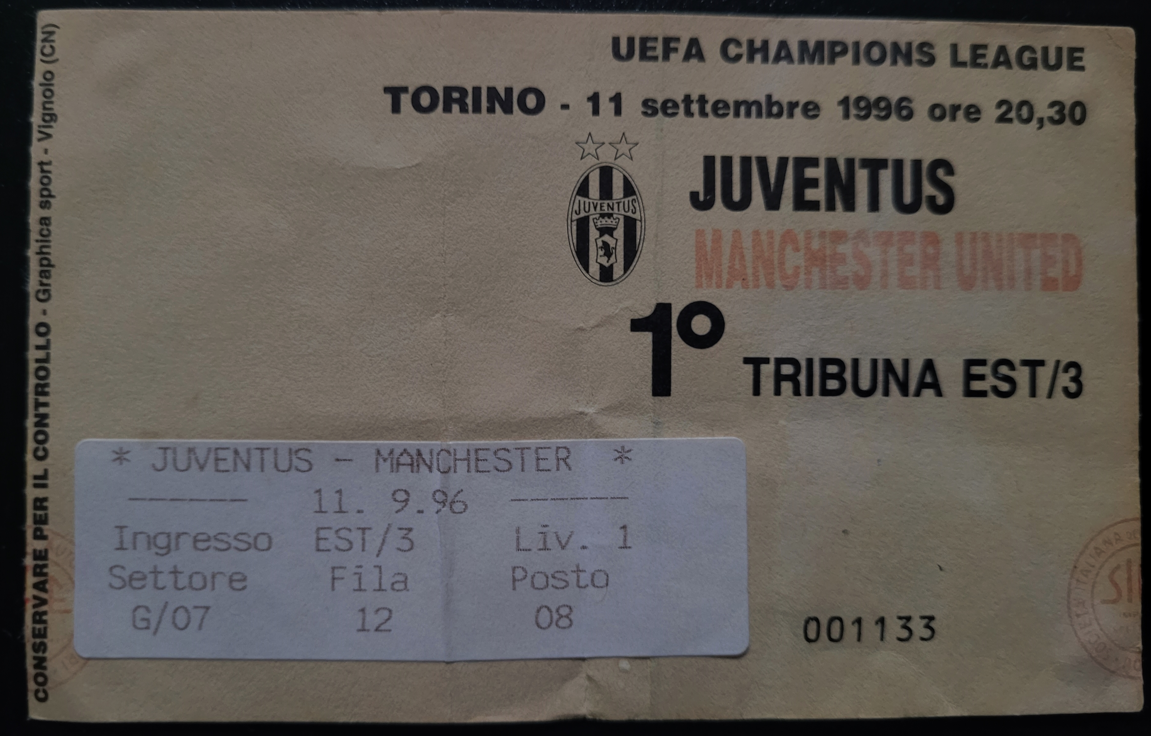 1996-97 JUVENTUS V MANCHESTER UNITED CHAMPIONS LEAGUE TICKET