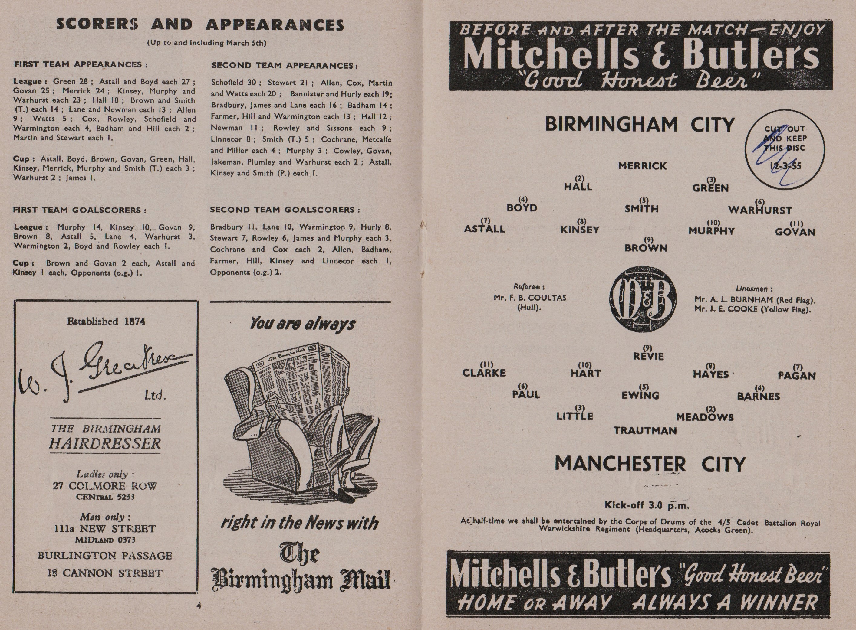 1954/55 BIRMINGHAM CITY V MANCHESTER CITY - Image 2 of 2