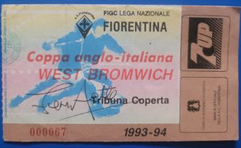 1993-94 FIORENTINA V WEST BROMWICH ALBION ANGLO ITALIAN CUP TICKET AUTOGRAPHED BY JEFF ASTLE