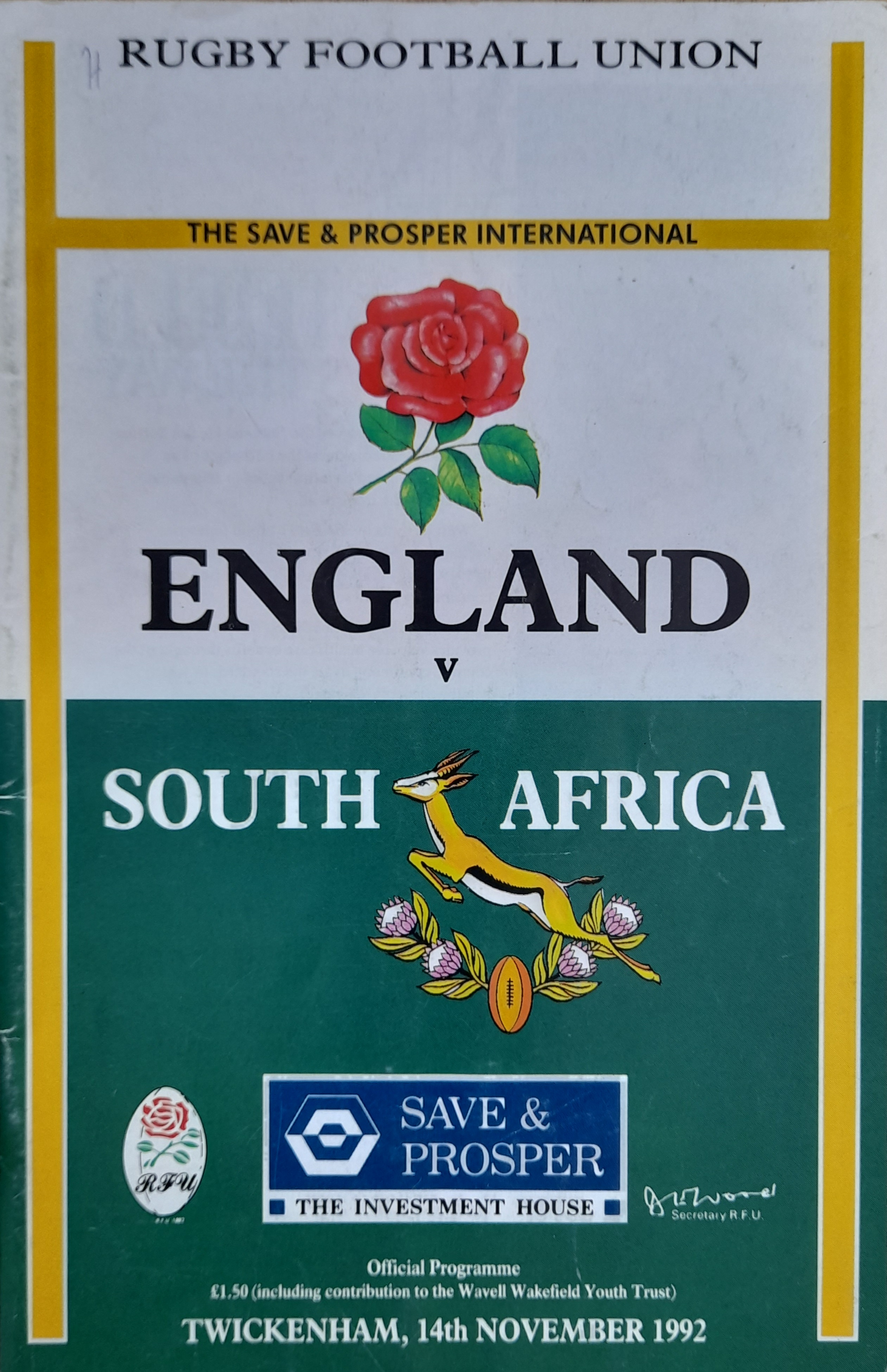 1992 RUGBY UNION ENGLAND V SOUTH AFRICA MULTI AUTOGRAPHED PROGRAMME