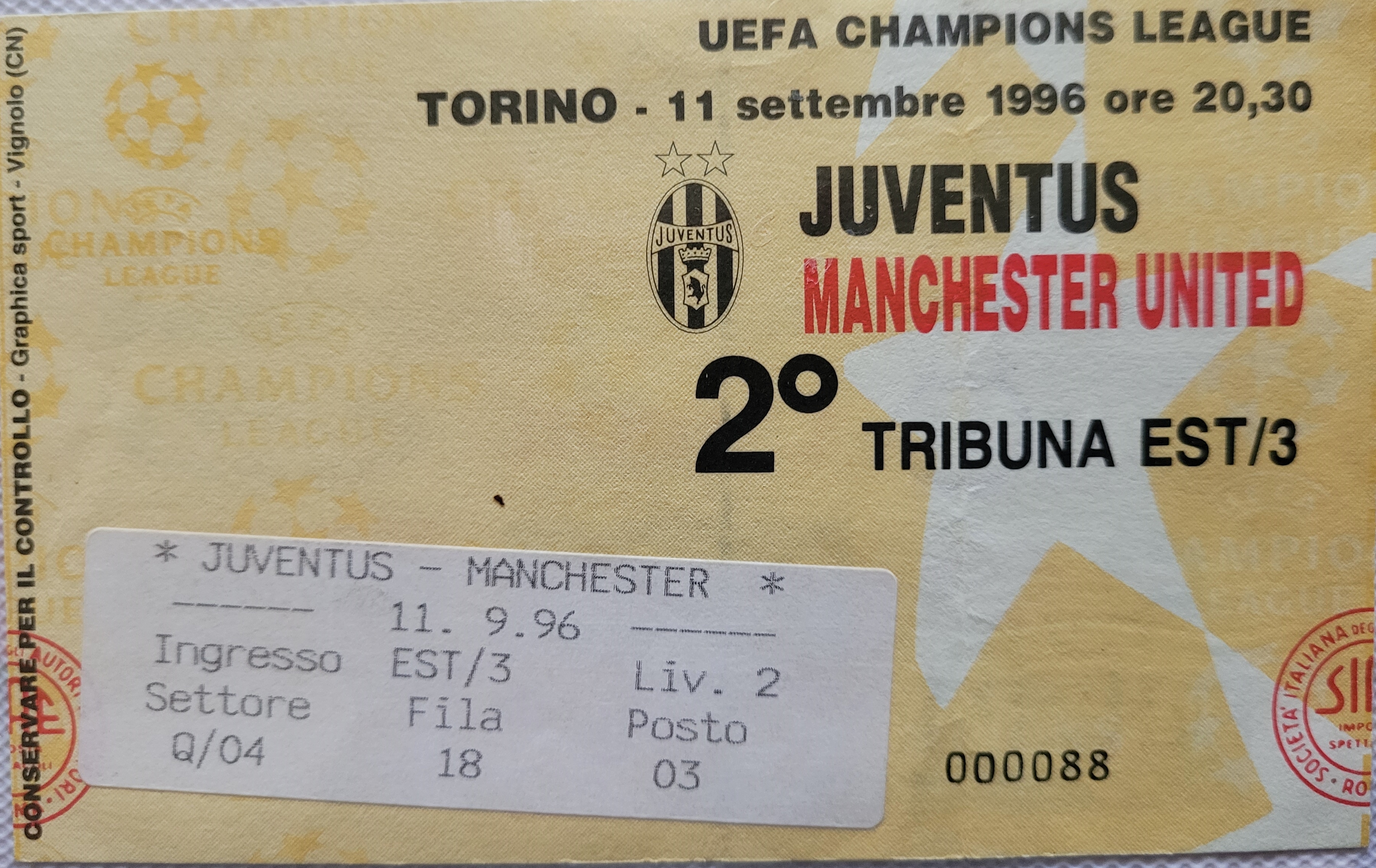 1996-97 JUVENTUS V MANCHESTER UNITED CHAMPIONS LEAGUE TICKET