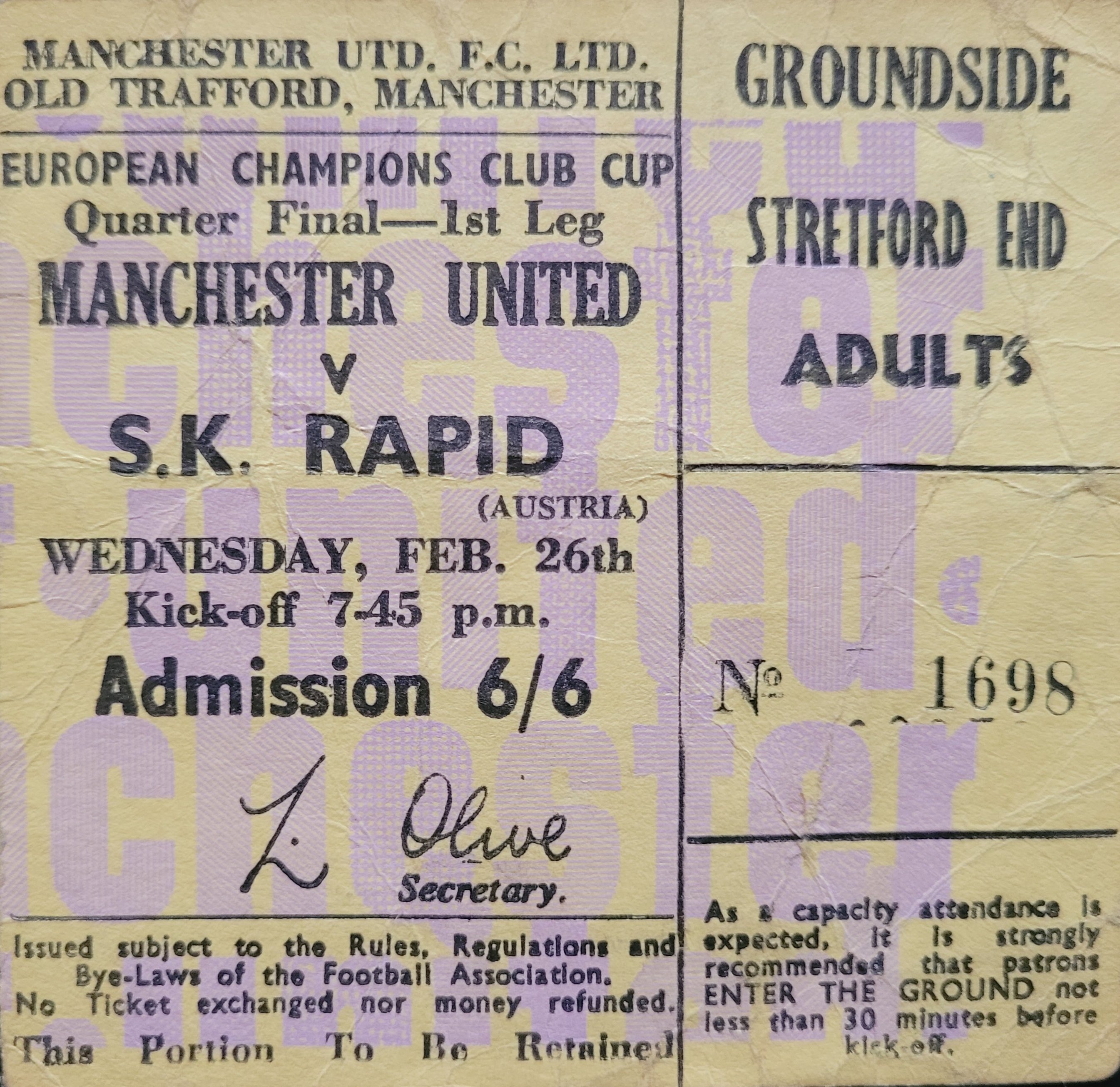 1968-69 MANCHESTER UNITED V S K RAPID EUROPEAN CUP TICKET