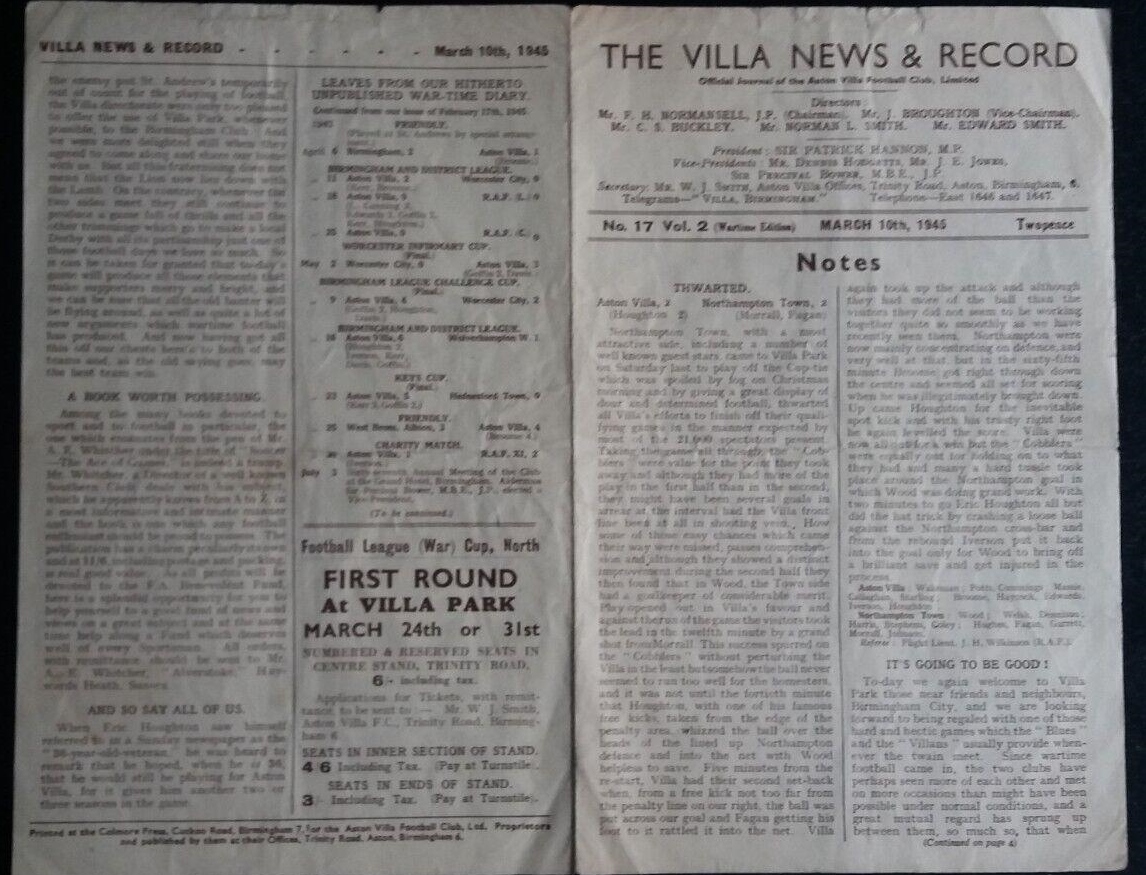 1944-45 ( MARCH ) ASTON VILLA V BIRMINGHAM CITY SIGNED BY VILLA PLAYER HAYCOCK