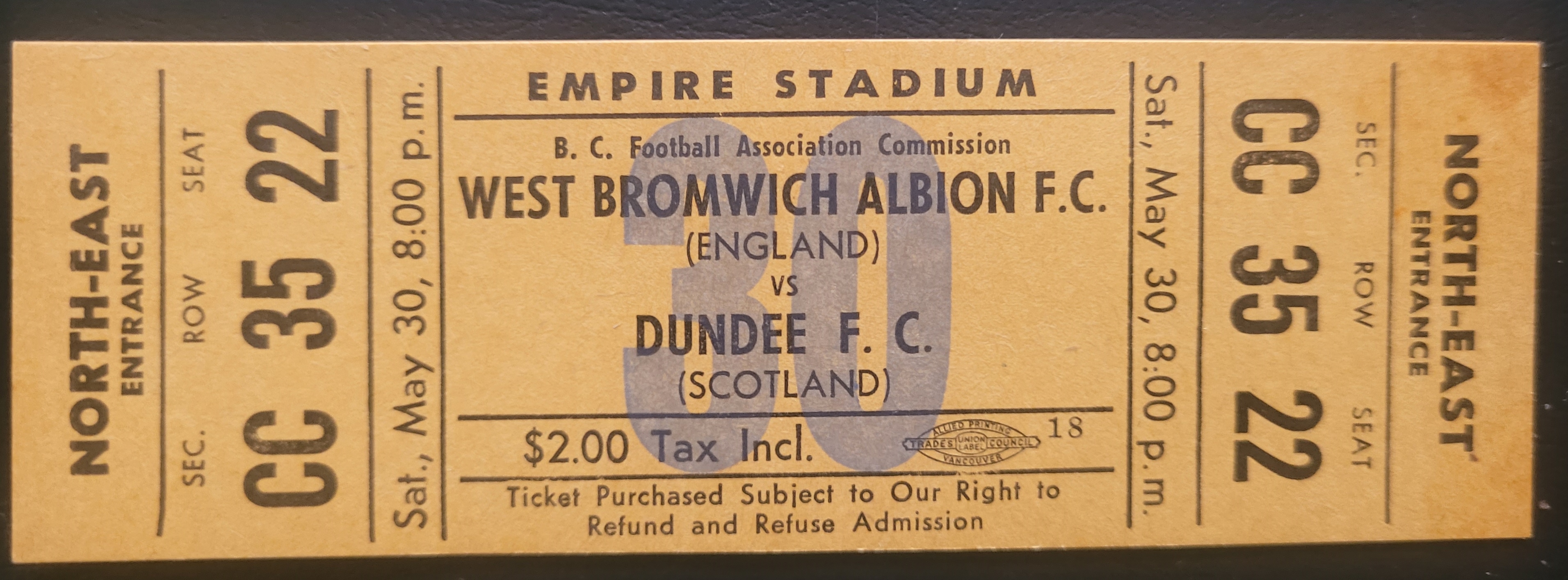 1959 DUNDEE UNITED V WEST BROMWICH ALBION IN CANADA FRIENDLY TICKET