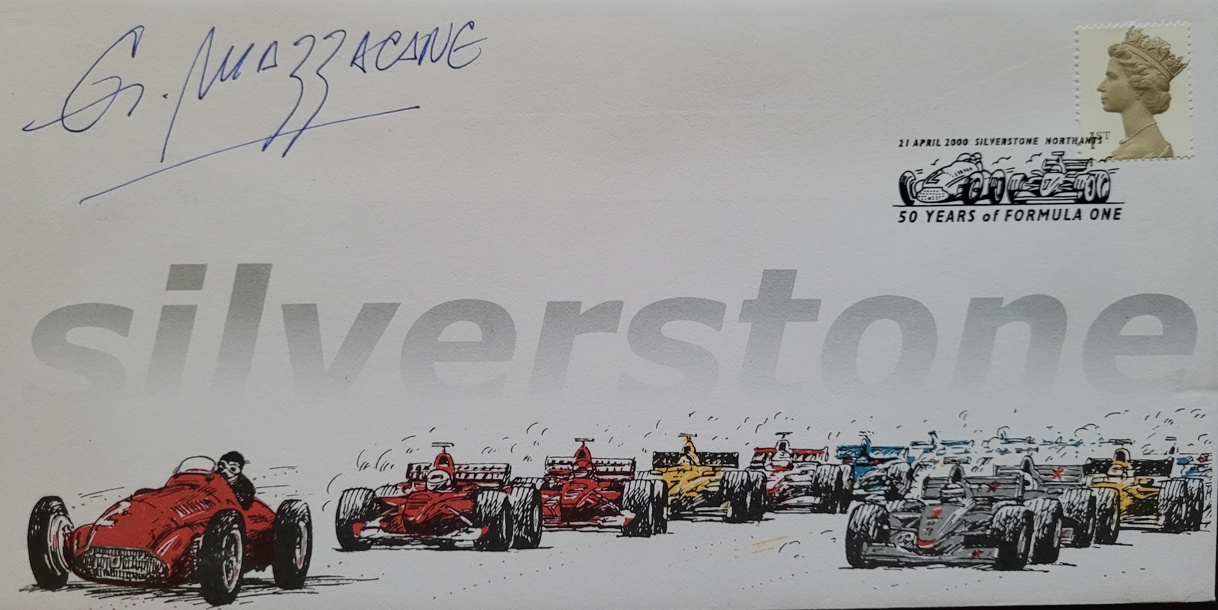 2000 SILVERSTONE MOTOR RACING LTD EDITION POSTAL COVER AUTOGRAPHED BY GASTON MAZZACANE