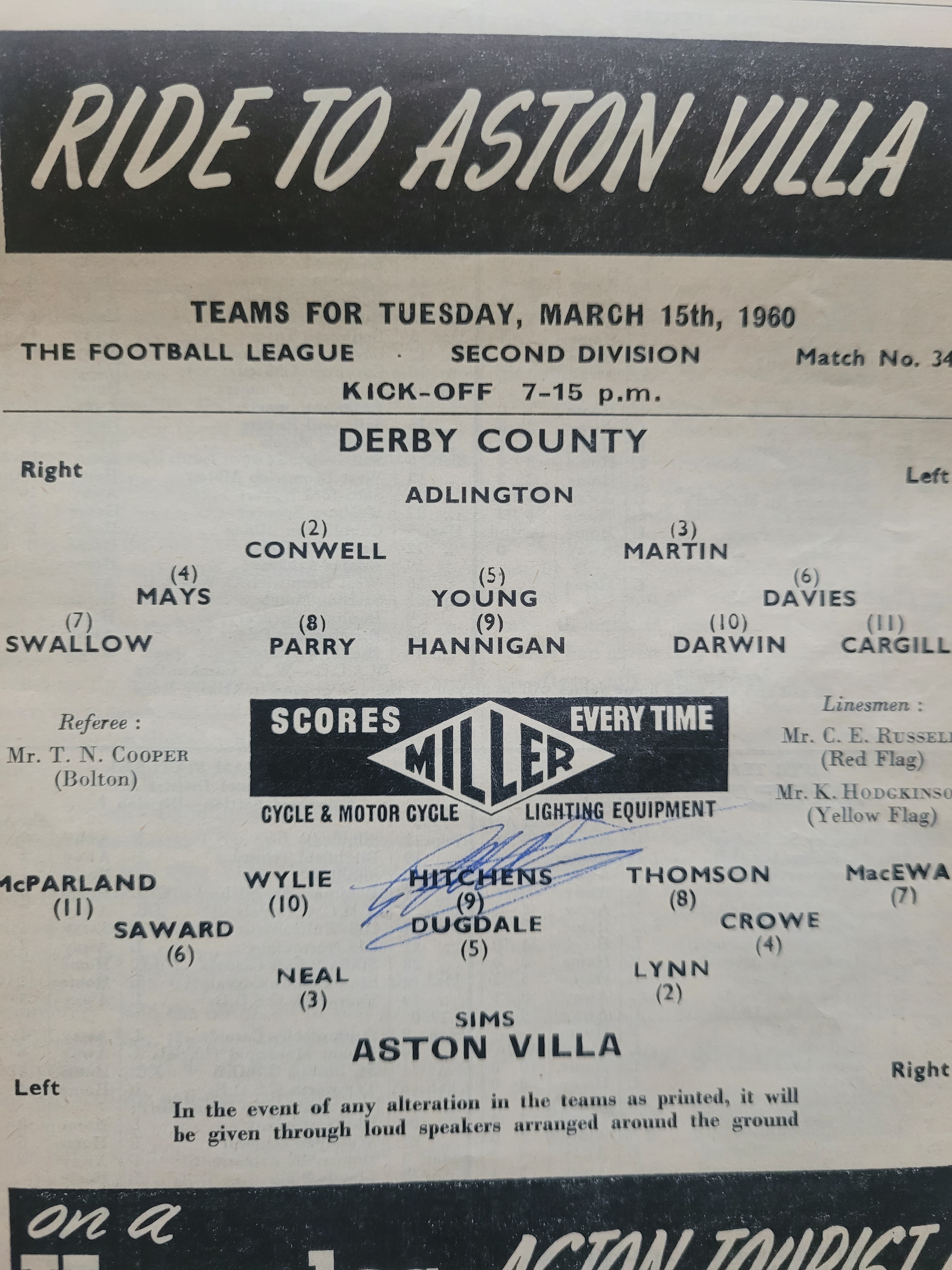 1959-60 ASTON VILLA V DERBY COUNTY AUTOGRAPHED BY GERRY HITCHENS - Image 2 of 2