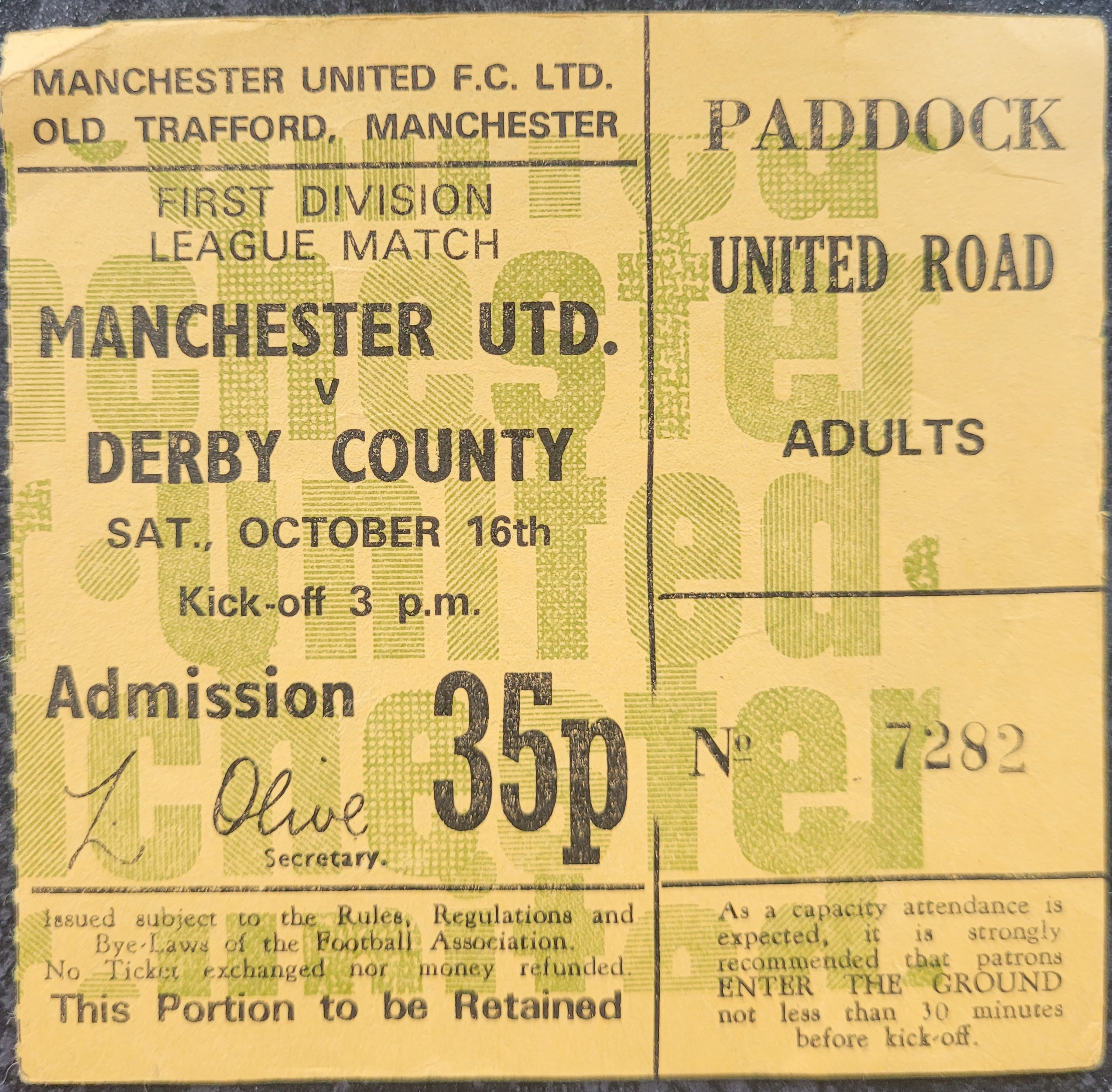 1971-72 MANCHESTER UNITED V DERBY COUNTY TICKET