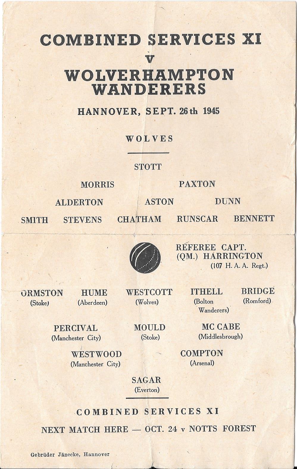 1945 COMBINED SERVICES XI V WOLVERHAMPTON WANDERERS