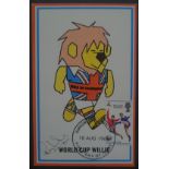 1966 ORIGINAL WORLD CUP WILLIE POSTCARD STAMPED HARROW & WEMBLEY AND SIGNED BY RAY WILSON