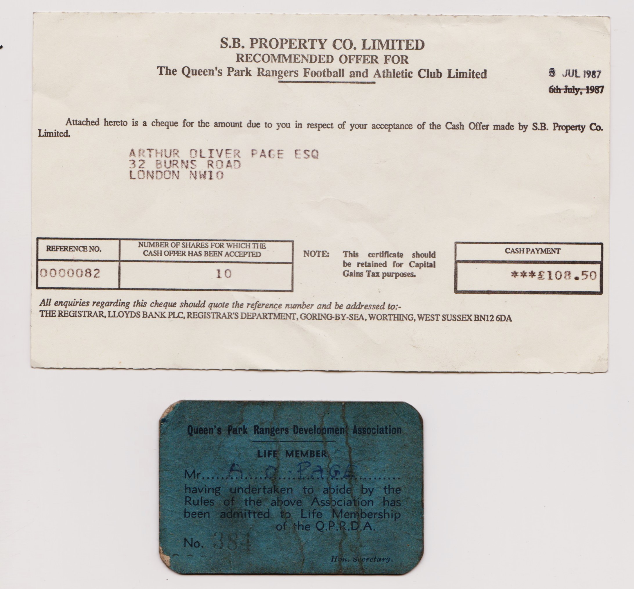 1940'S QUEEN'S PARK RANGERS DIVIDEND WARRENTS & DEVELOPMENT ASSOCIATION LIFE MEMBERSHIP CARD