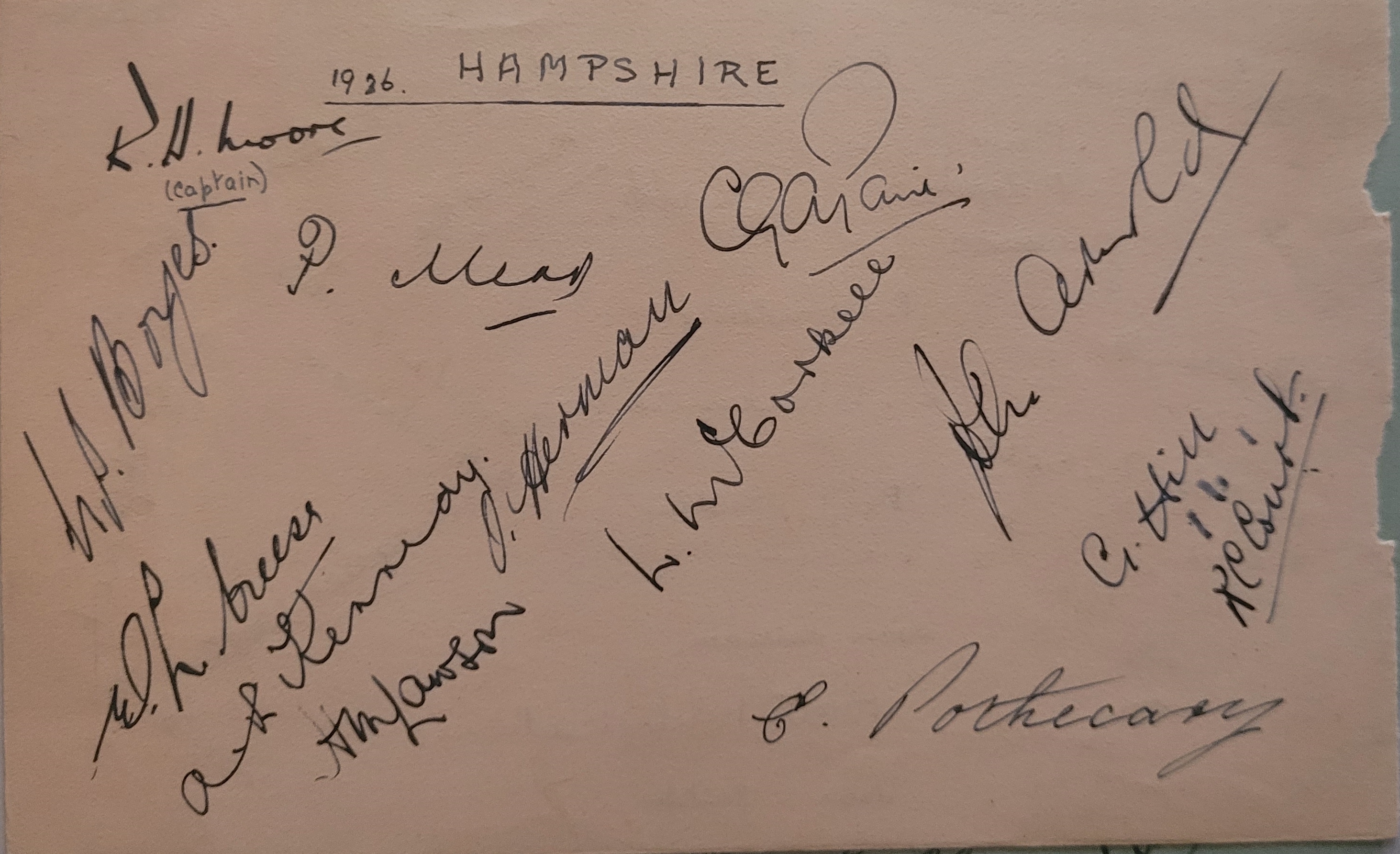 CRICKET 1926 HAMPSHIRE VINTAGE AUTOGRAPH PAGE