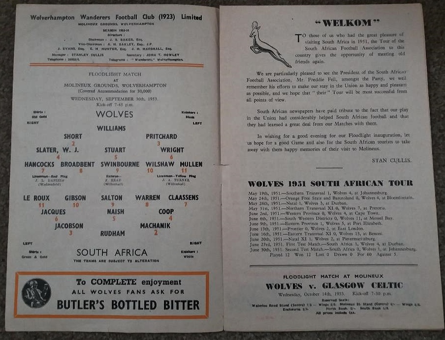 1953 WOLVERHAMPTON WANDERERS V SOUTH AFRICA OPENING OF LIGHTS SIGNED BY EDDIE STUART - Image 2 of 2