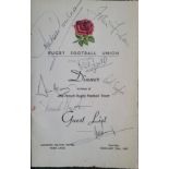 RUGBY UNION 1967 ENGLAND V FRANCE BANQUET AUTOGRAPHED GUEST LIST