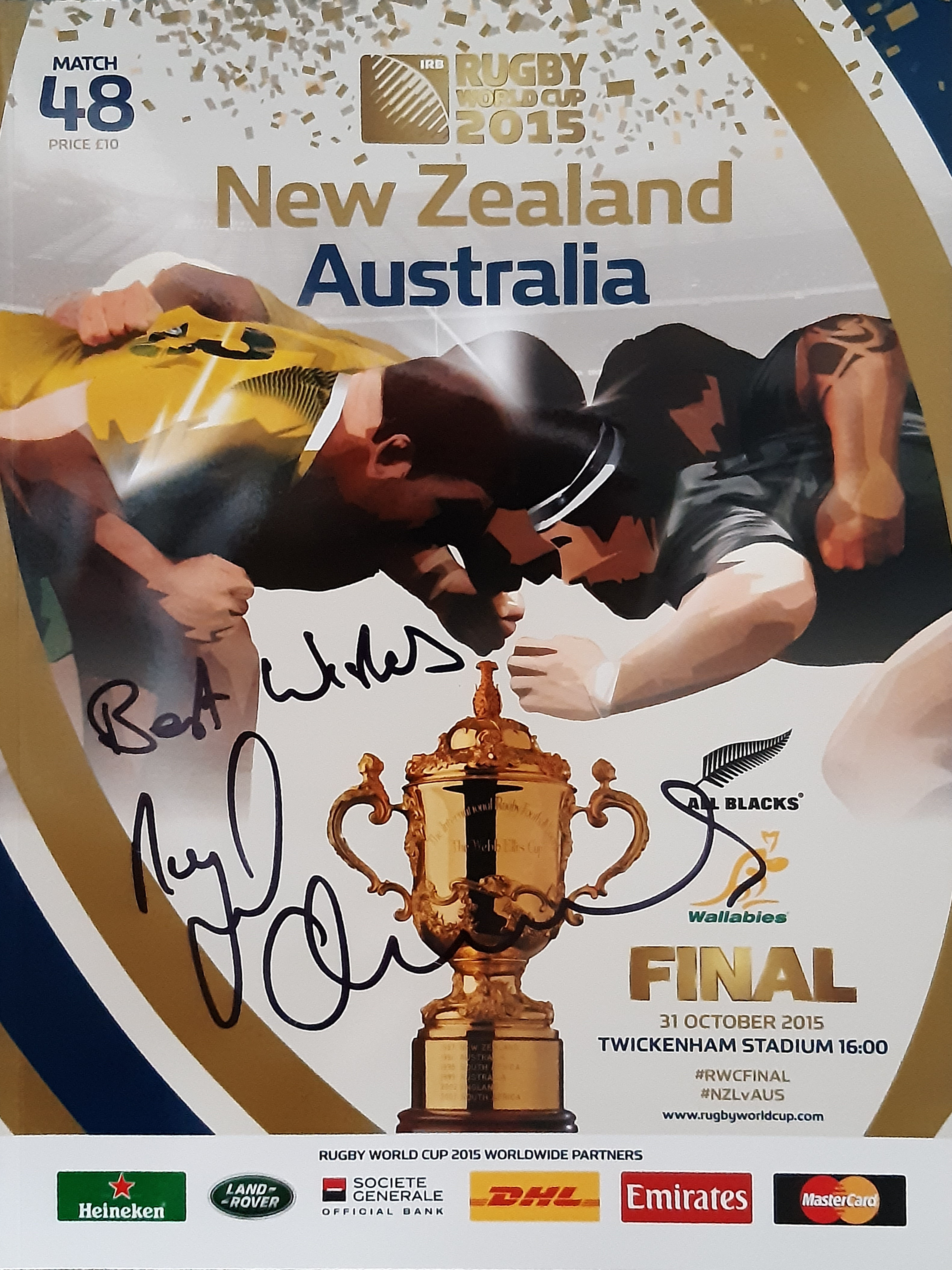 RUGBY UNION 2015 WORLD CUP FINAL PROGRAMME AUTOGRAPHED BY THE MATCH REFEREE